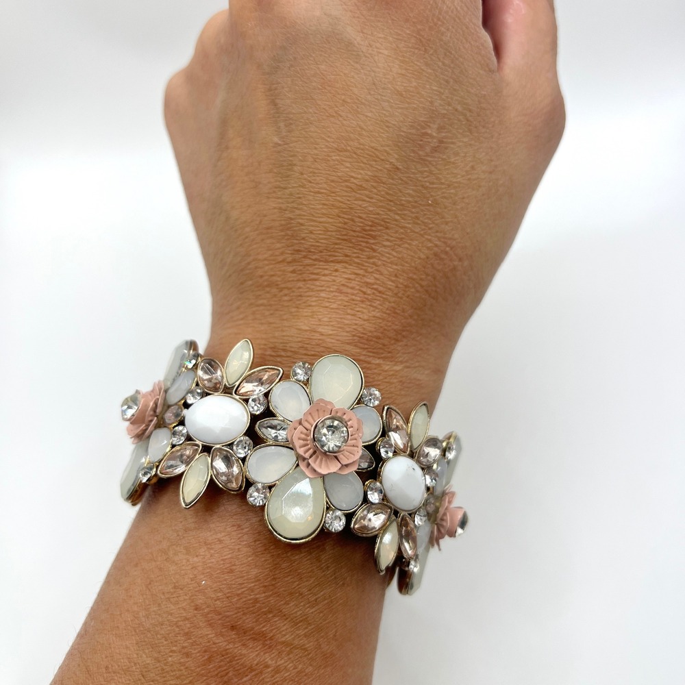 Pink White Grey Floral Stretch Cuff Bracelet Gold Tone Rhinestone Statement Wide